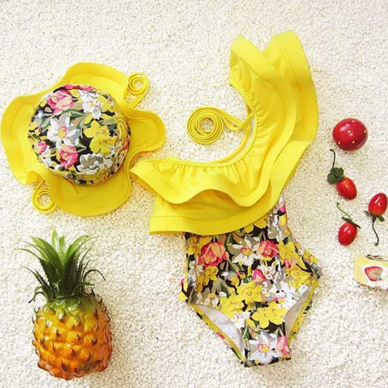stylish-yellow-floral-one-shoulder-kids-swimwear