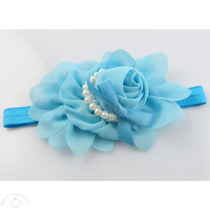 Blue Rose Pearl Chiffon Headband