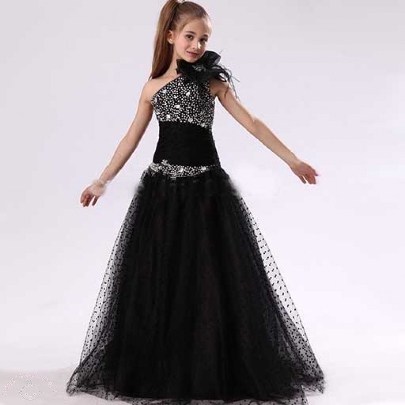 black-sparkling-one-shoulder-kids-gown