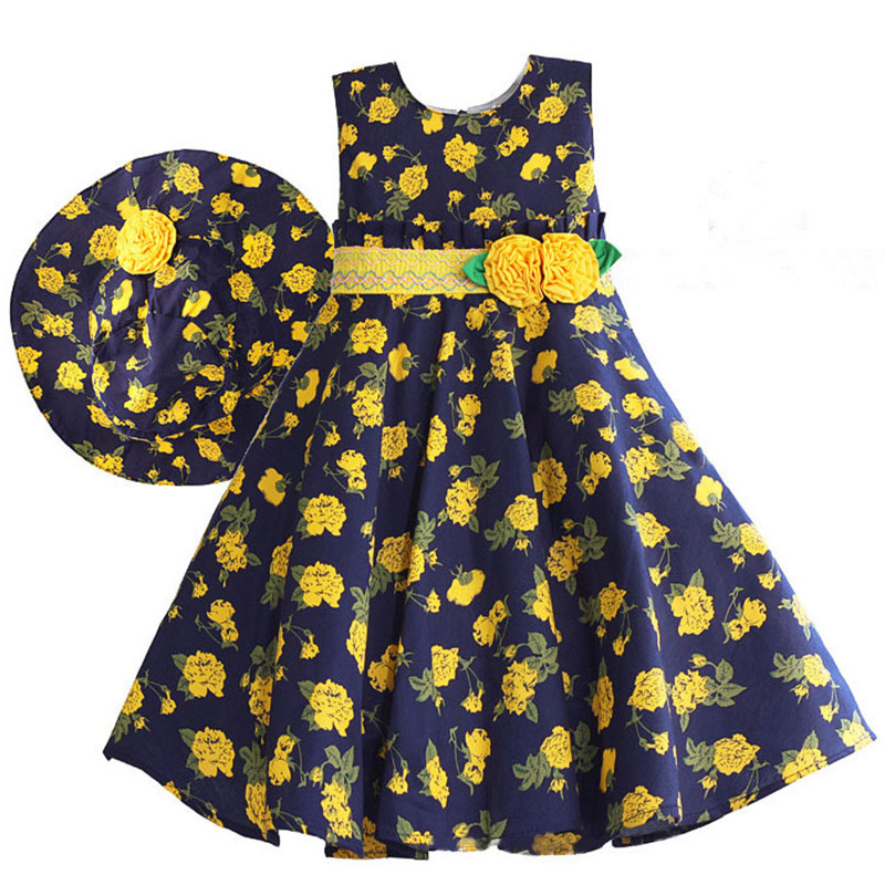 Yellow Blooms Navy Blue Kids Dress With Hat