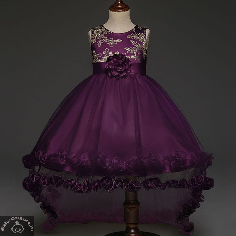 Attractive Aubergine Embroidered High-Low Gown