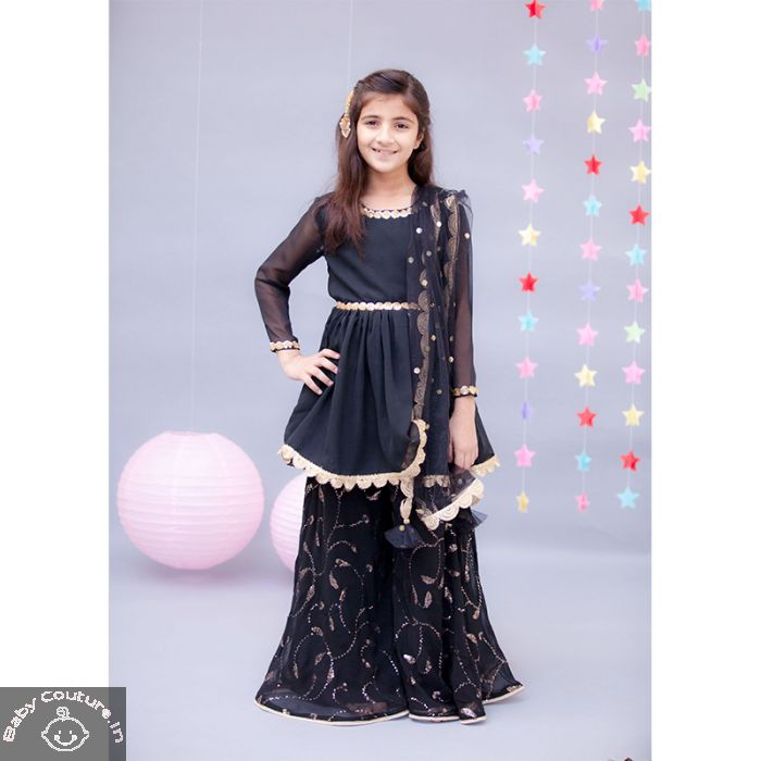 Black Georgette Kurti and Sharara set, Buy Party Wear Dresses for Girls, dresses for boys, Dresses for girls, kids party wear, Kurta Pajama set, Lehenga and Choli set, Partywear dresses for boys, Partywear Dresses for girls.