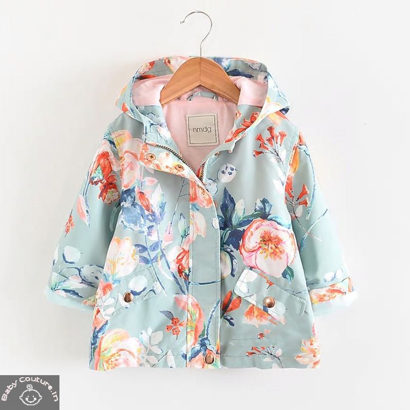 Stylish Floral Blue Girl Jacket with Hood