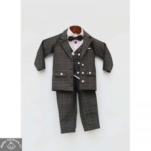 Enchanting Dusty Brown Checkered Boys Waistcoat with Shirt Pant Set