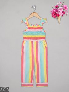 Exquisite Multicolor Striped Smocked Girls Jumpsuit