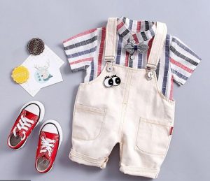 Striped Shirt and Beige Suspenders for Boys