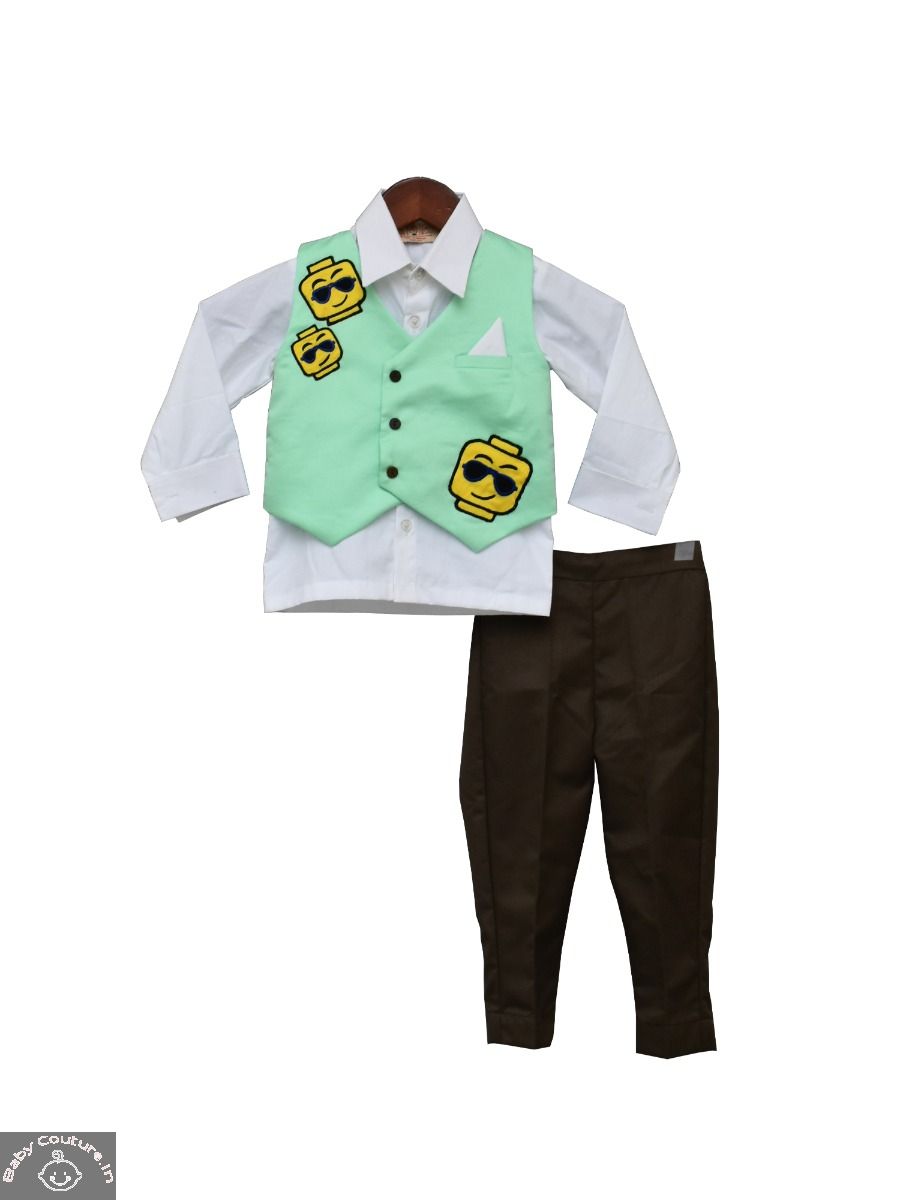 Elegant Aqua Waist Coat with White Shirt and Brown Pants - babycouture.in