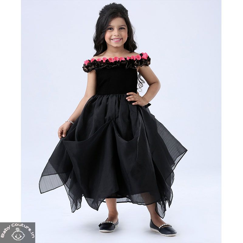 Black Off-Shoulder Asymmetric Dress for Parties - babycouture.in