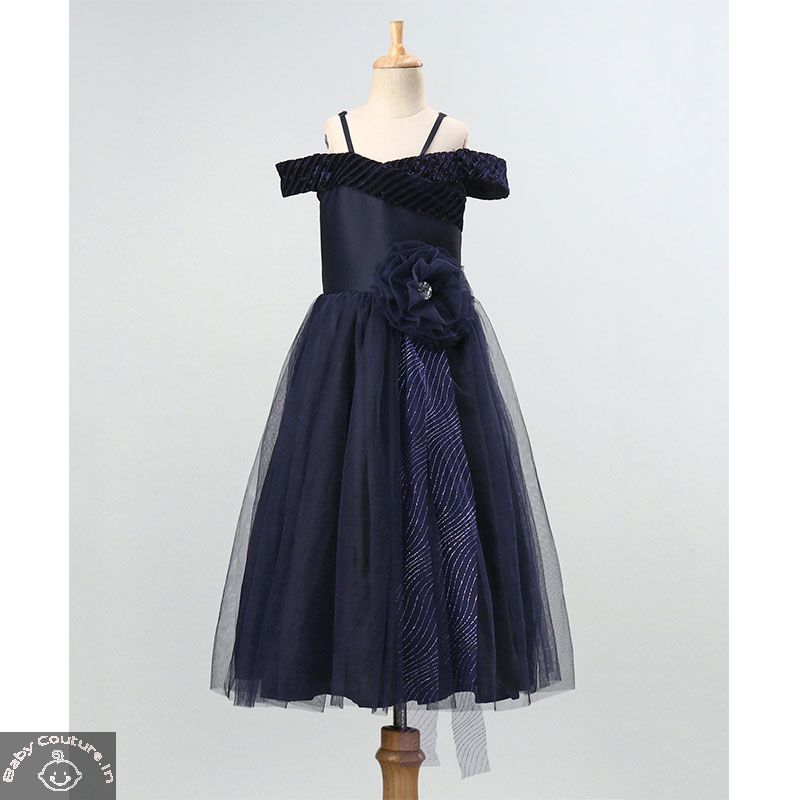 Navy blue Boat Neck Ankle Length Gown - babycouture.in