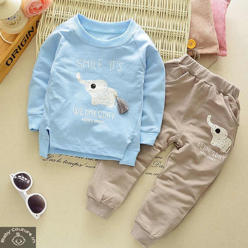 Smile It’s Wednesday Blue and Beige Boys T-shirt and lower Set - babycouture.in