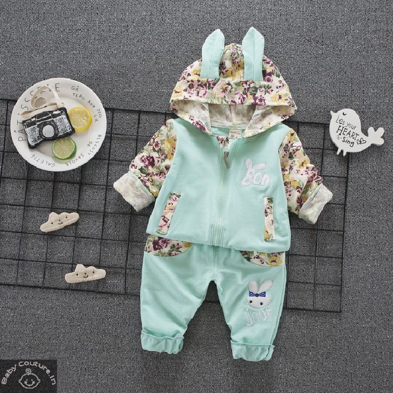 Printed Blue Hooded Jacket and Lower Set for Girls - babycouture.in
