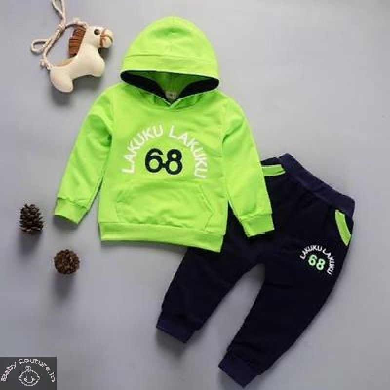 Parrot Green and Blue Hooded Sweatshirt and Lower Set - babycouture.in