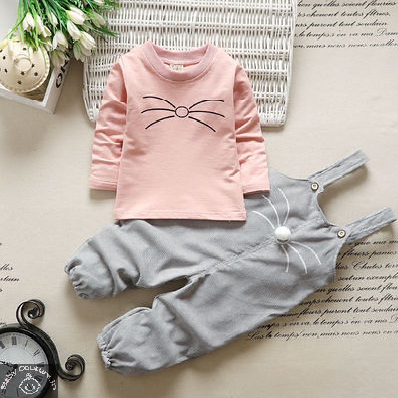 Pink and Grey T-shirt and Dungaree Set for Girls - babycouture.in