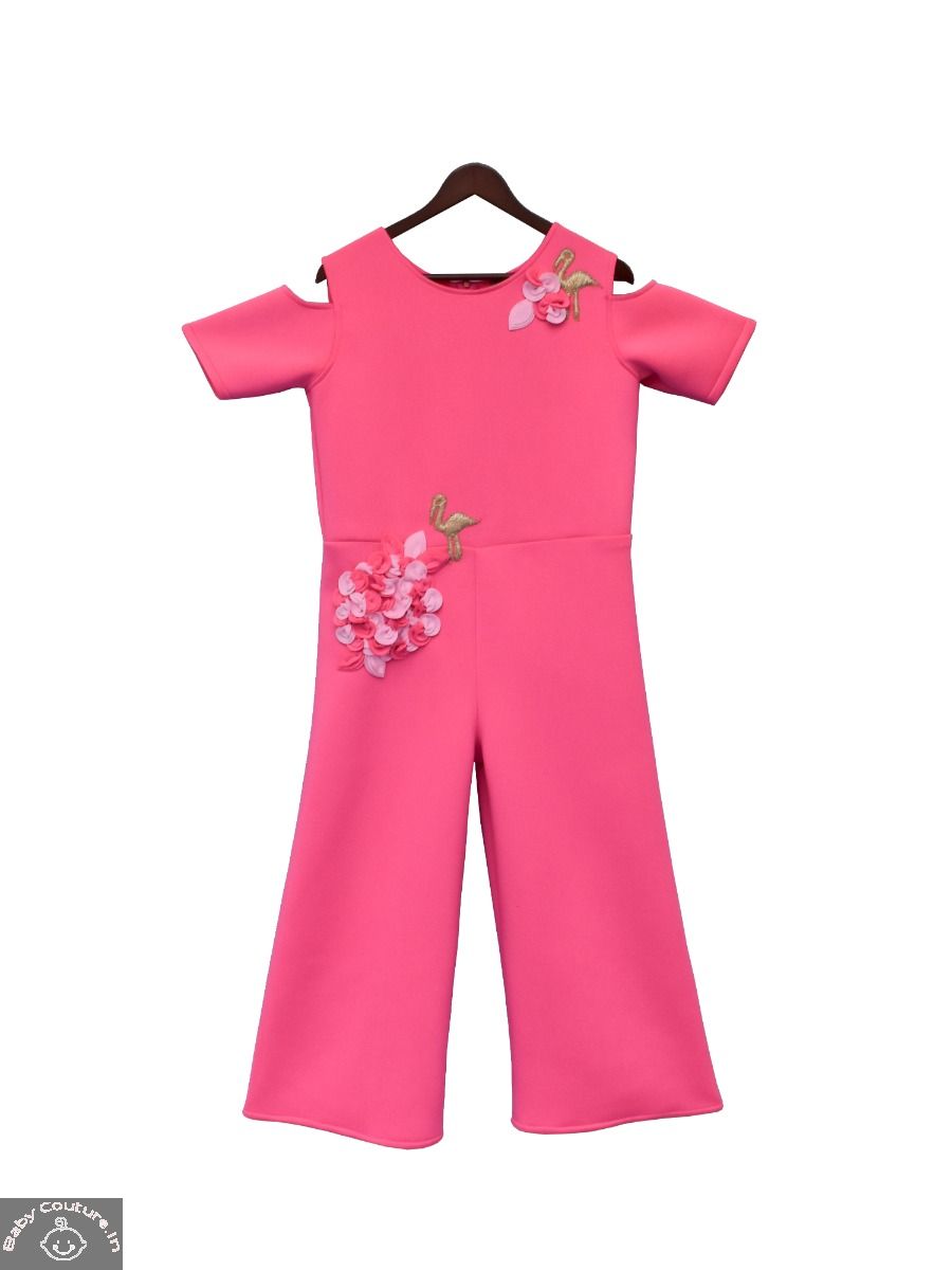 Candy Pink Jumpsuit with 3D Flowers-babycouture.in 