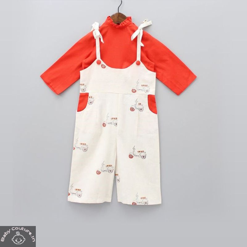 Stunning Red and White Scooter Print Dungaree and Top Set-babycouture.in