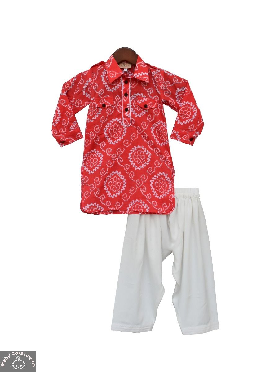 Cute Coral Printed Kurta with White Salwar-babycouture.in