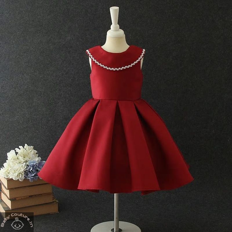 Elegant Wine Pearly Neck Girls Party Dress-babycouture.in