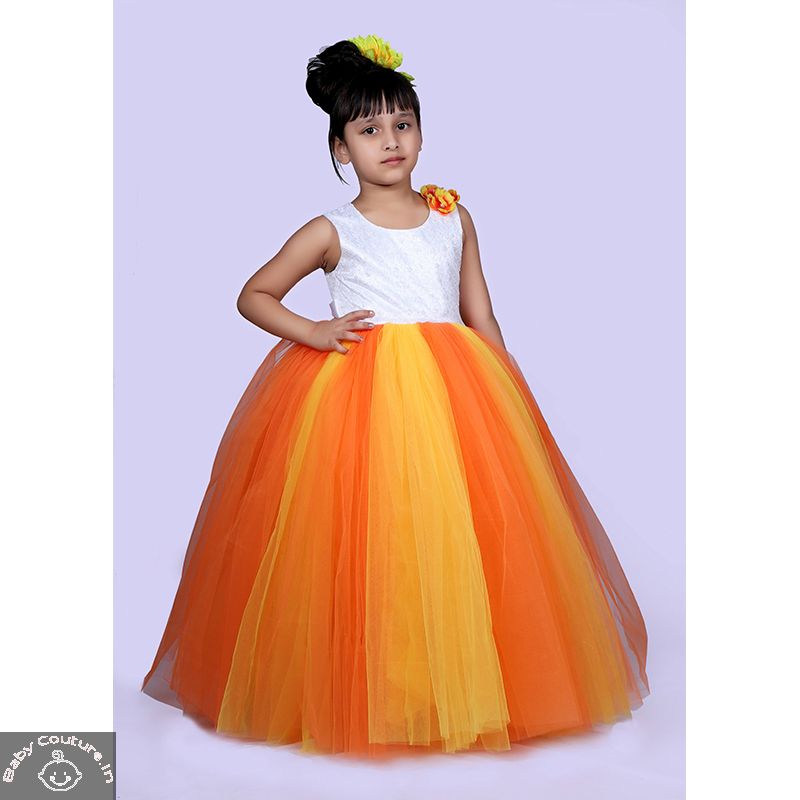 Orange and White Sleeveless Gown for the Girls - babycouture.in