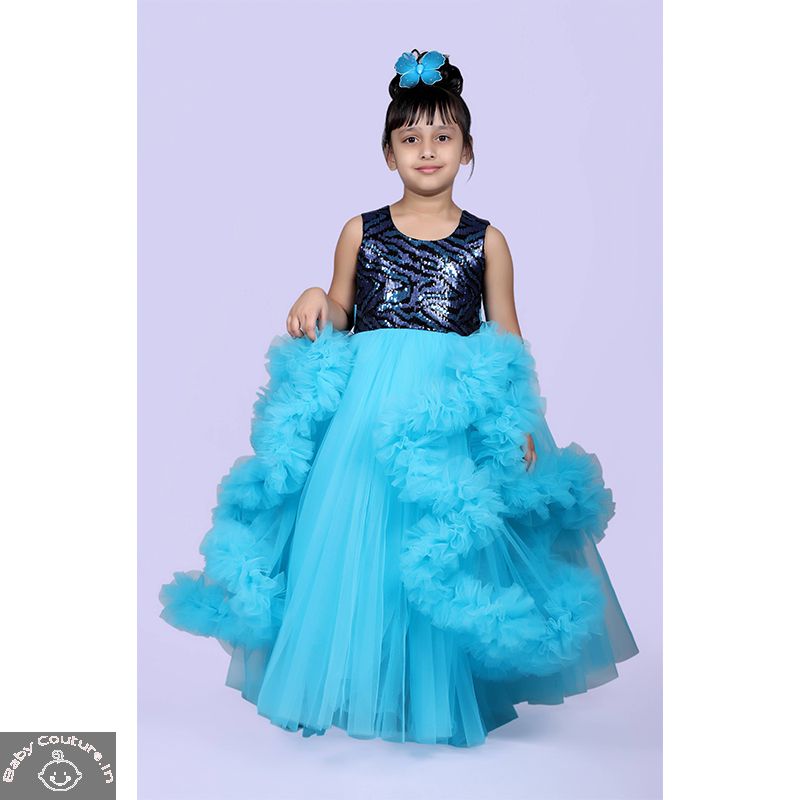 Ruffled Blue Round Necked Party Gown - babycouture.in