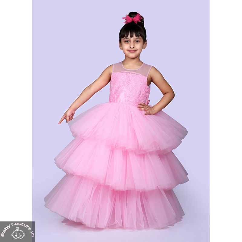 Sleeveless Pink Triple Layered Gown for the Girls - babycouture.in