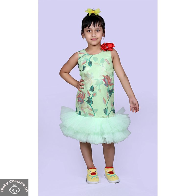 Green Printed Straight Dress with Frill for the Girls - babycouture.in, buy diwali dresses for girls, diwali dresses for girls, diwali dress for baby girl, best diwali dress for girl, baby girl diwali dress, diwali outfits for girls,