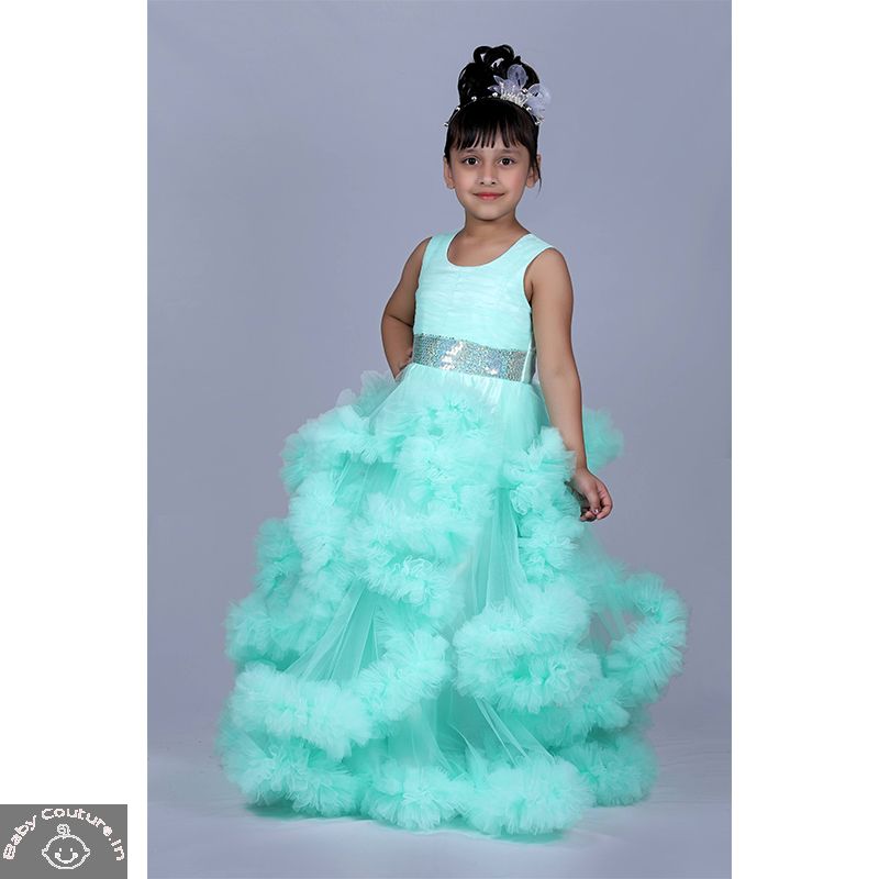 Ruffled and Fluffy Full Length Mint Green Girls Tutu Dress - babycouture.in
