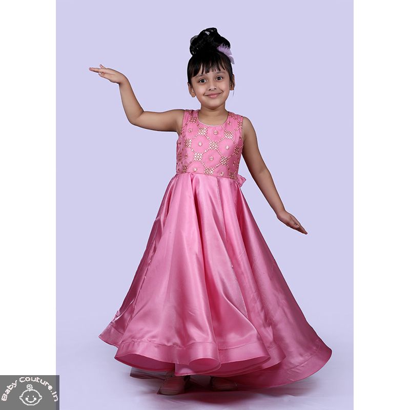Satin Floor Length Pink Girls Party Gown - babycouture.in