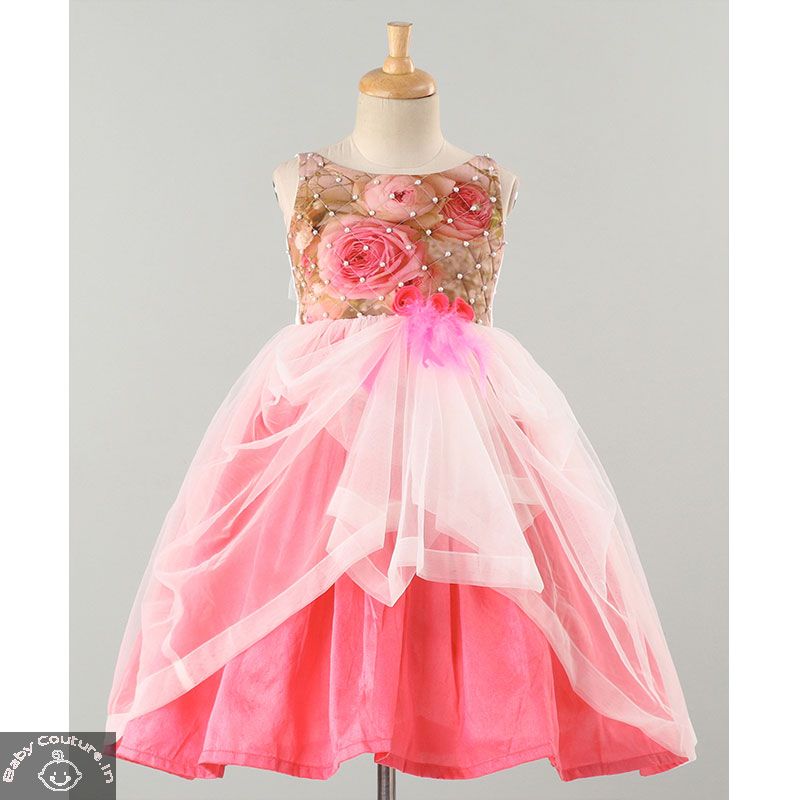 Quilted Printed Crape Girls Pink Party Gown - babycouture.in