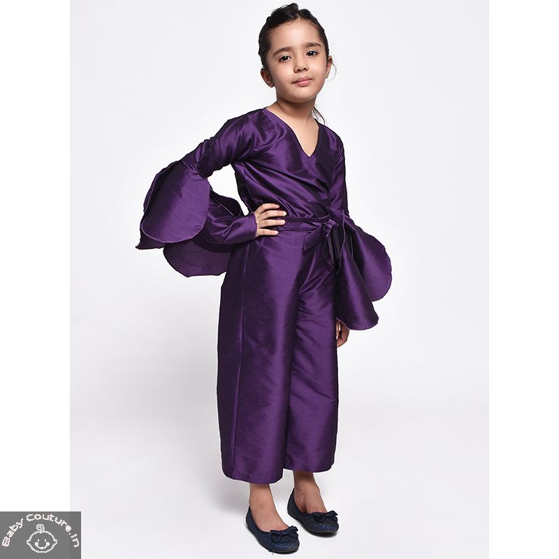 Adorable Purple Petal Sleeves Top with Culotte set for Girls - babycouture.in
