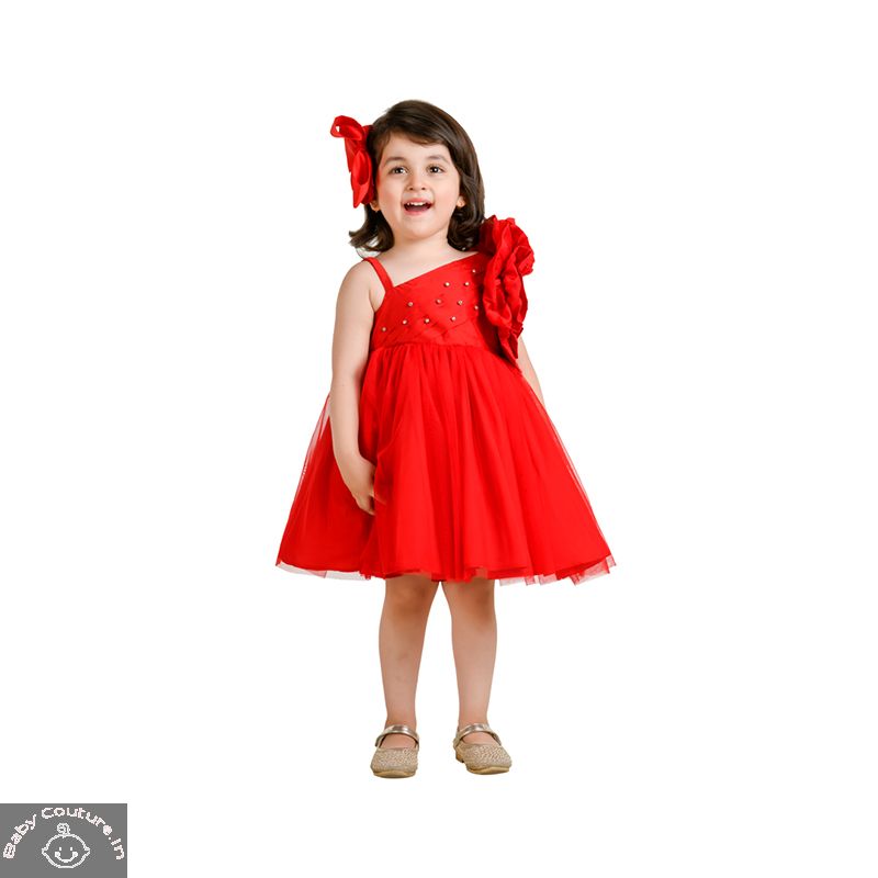 Bold Red Dress with Heavy Floral Design on the Sleeve - babycouture.in