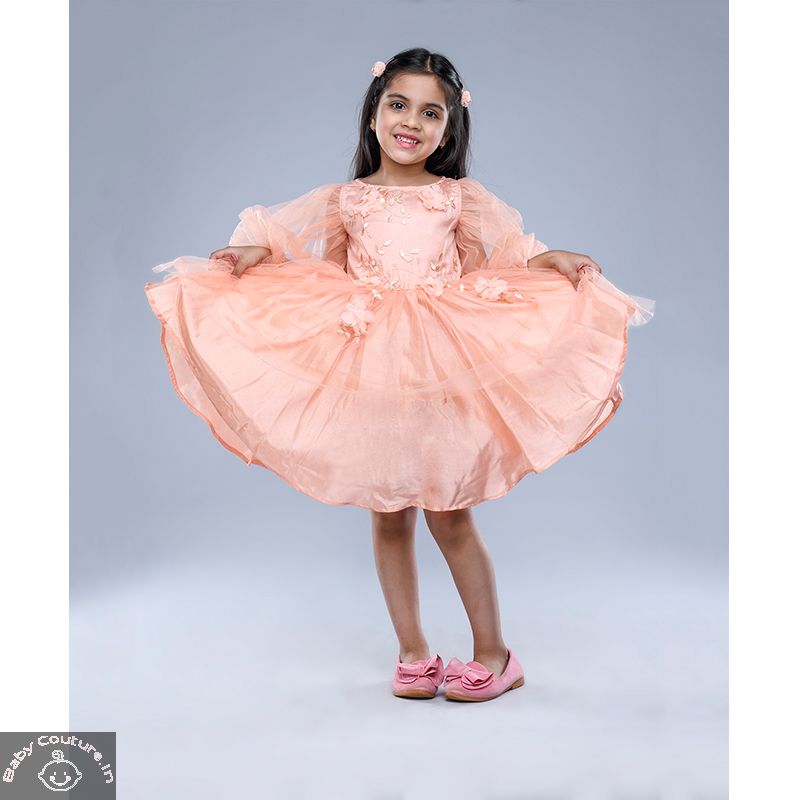 Peach Dress with Full Net Puffed Sleeves for the Girls - babycouture.in