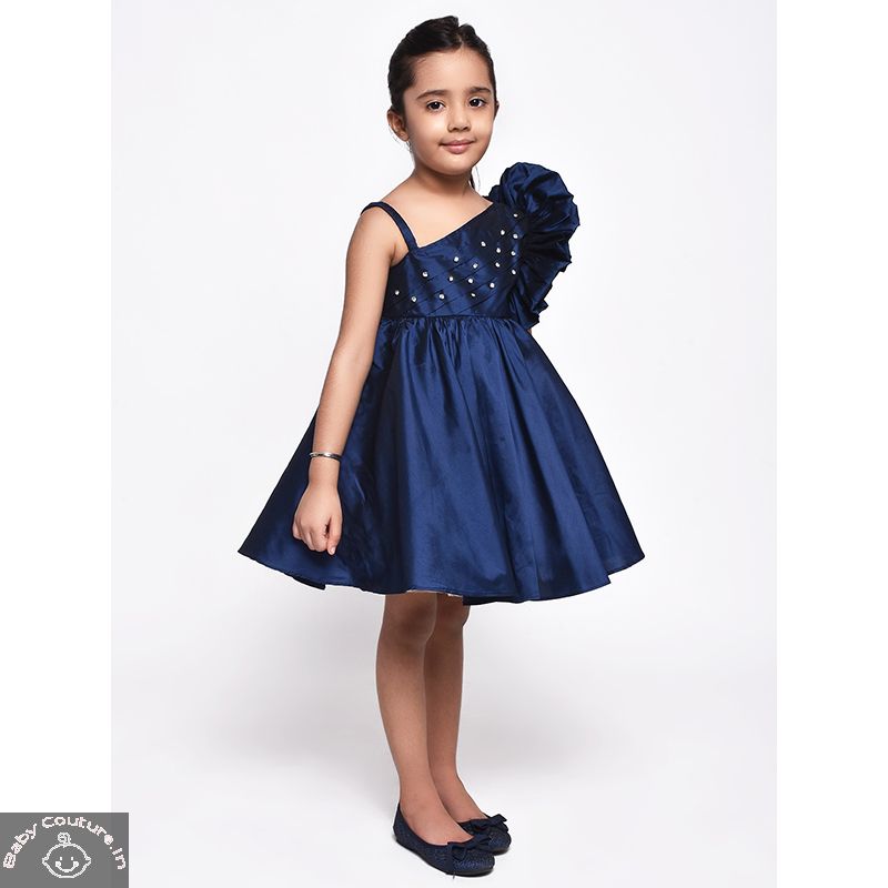 Royal Navy Blue Sequined Knee-length Dress for the Girls - babycouture.in