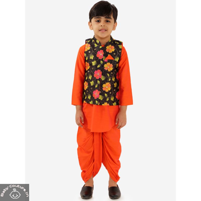 Perfect Orange Kurta Dhoti set with Jacket - babycouture.in