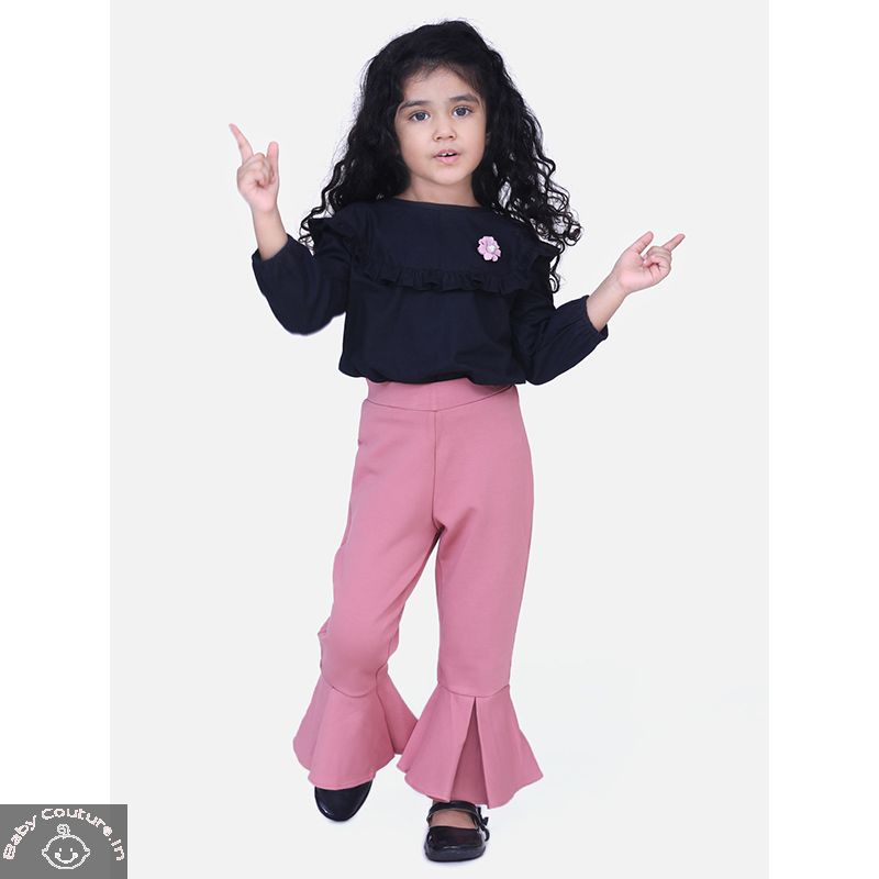 Birthday Ready Black Frilled Top with Pink Bell Bottom - babycouture.in