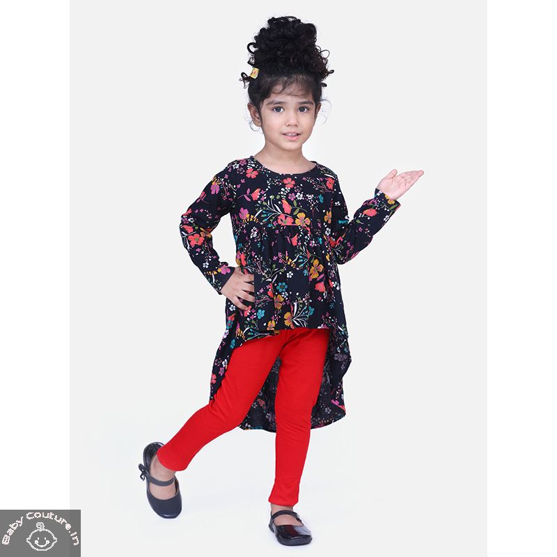 Asymmetric Floral Printed Top with Red Leggings - babycouture.in