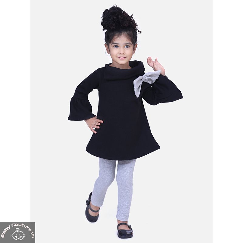 Black and Grey Woollen Top and Legging Set for Girls - babycouture.in