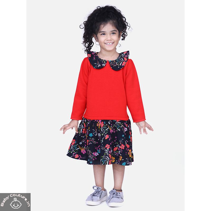 Red and Printed Round Collar Woollen Tunic - babycouture.in, buy diwali dresses for girls, diwali dresses for girls, diwali dress for baby girl, best diwali dress for girl, baby girl diwali dress, diwali outfits for girls,