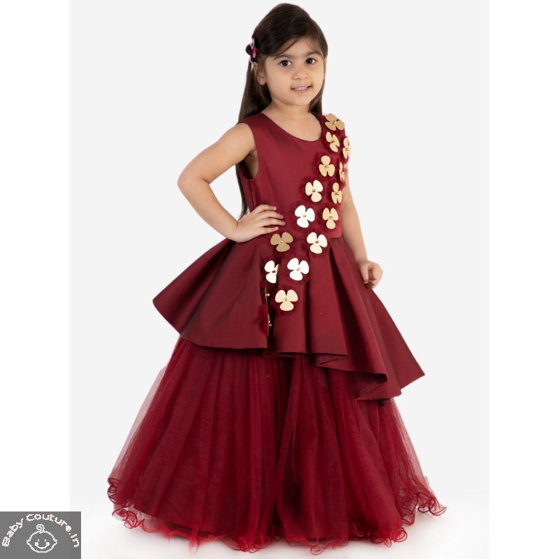 Elegant Red Full length Peplum styled Party Dress for Girls-babycouture.in