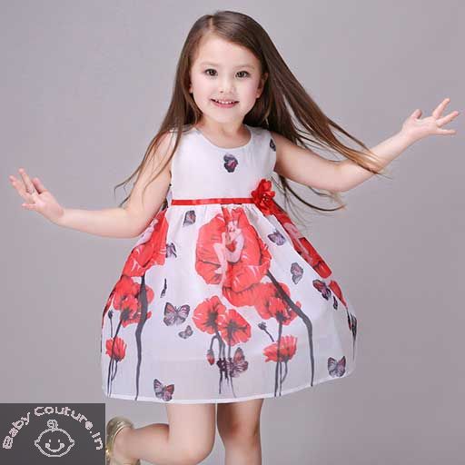 Red Butterflies & Flowers Dress-babycouture.in