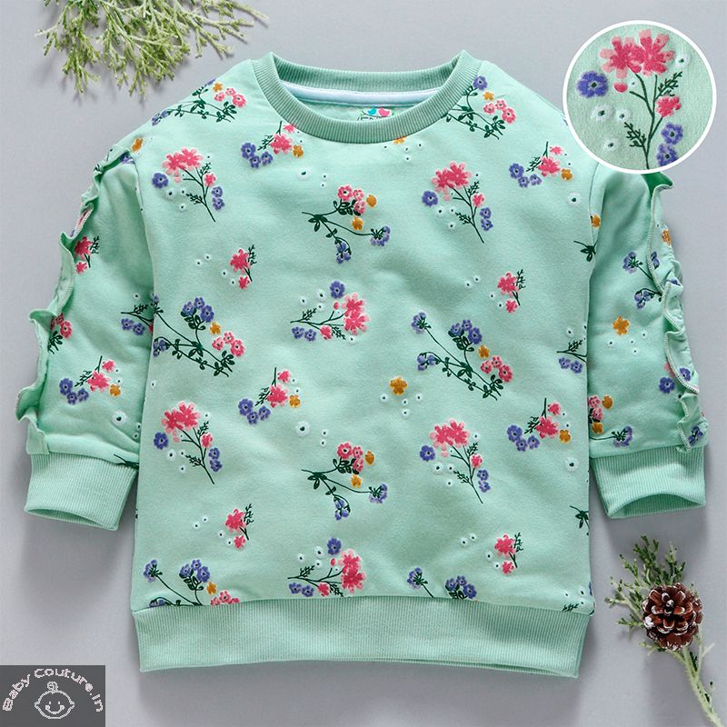 Floral Printed Green Girls Sweatshirt - babycouture.in