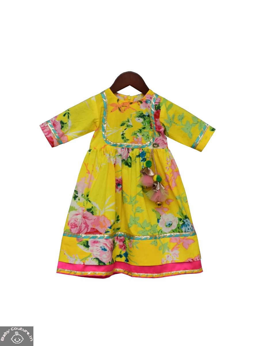 Canary Yellow Printed Anarkali - babycouture.in