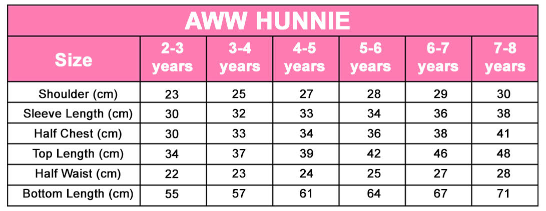 Aww HunnieSize Chart
