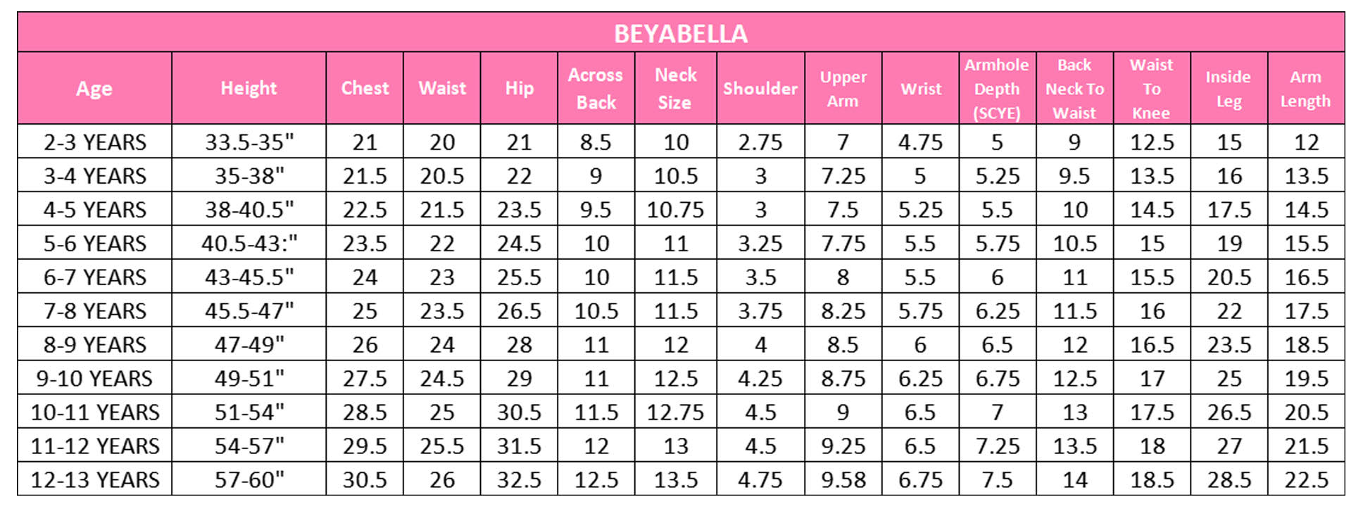 BeyabellaSize Chart