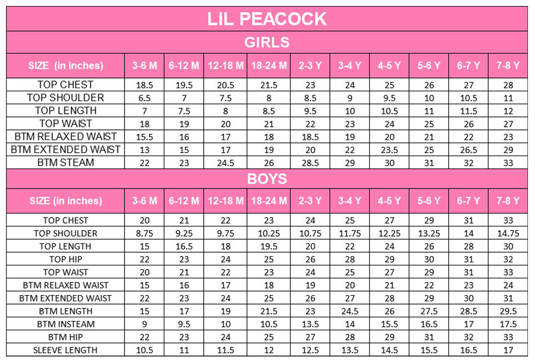 Lil PeacockSize Chart
