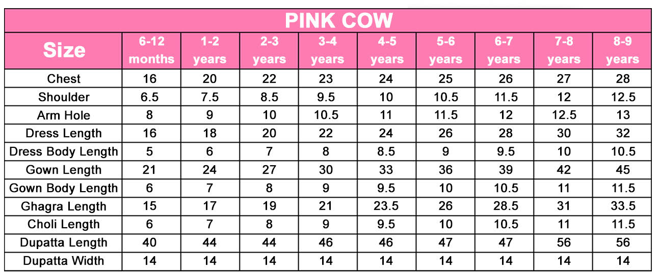 Pink CowSize Chart